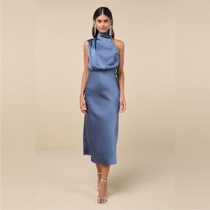 Lulus Distinctive Charm Slate Blue Satin Asymmetrical midi Dress size XS